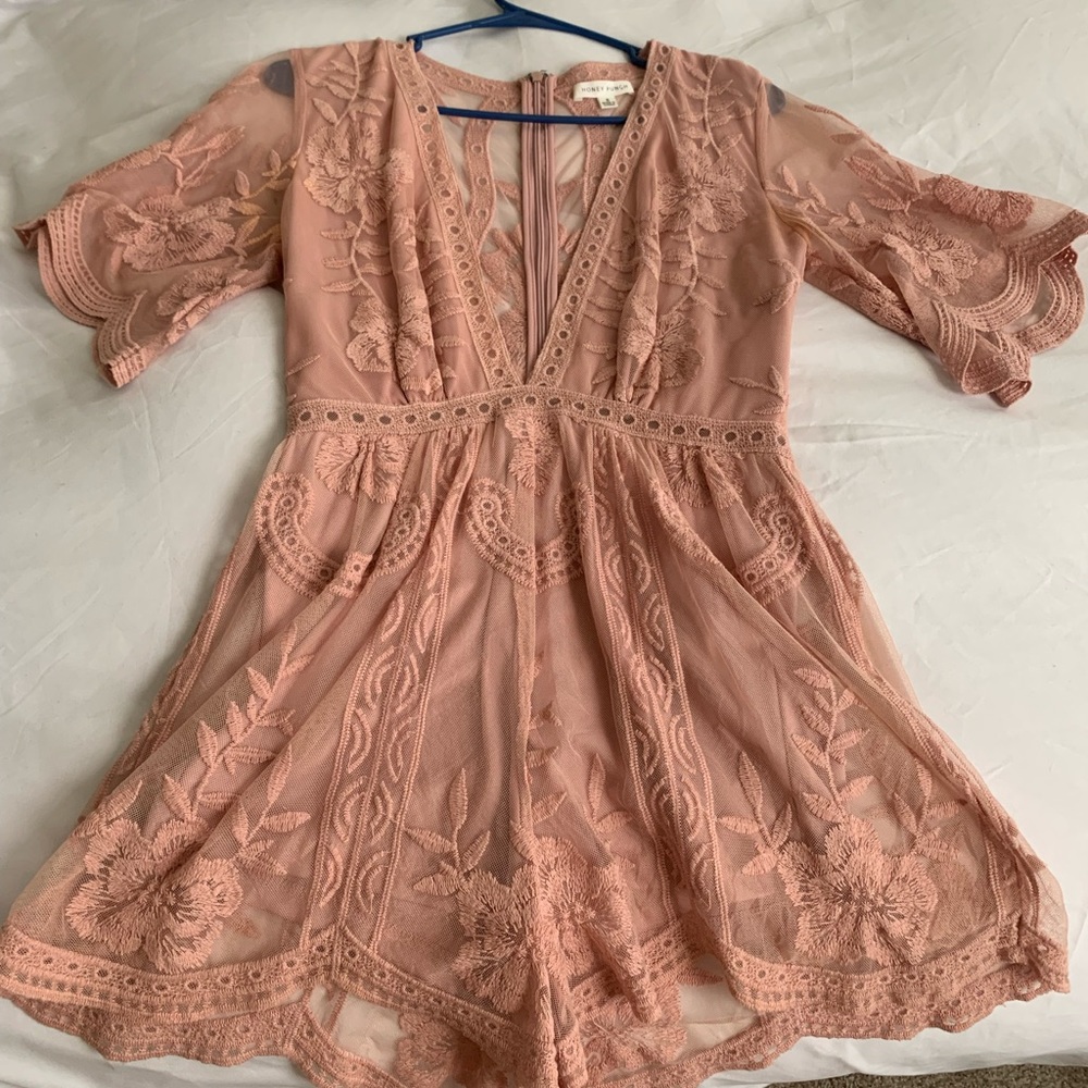 Honey Punch Pink Lace Romper- S